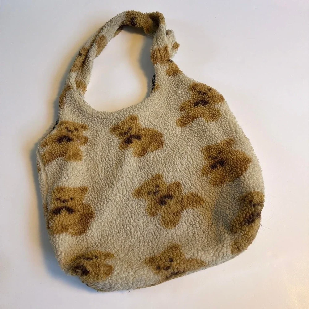 Vintage Kawaii Fuzzy Teddy Bear Tote Bag Beige Gingham Large Beach Gym Bag